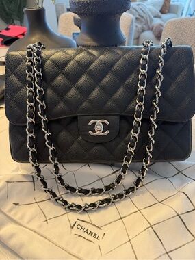 CHANEL Black Caviar Leather Double Flap Shoulder Bag with Silver Chain